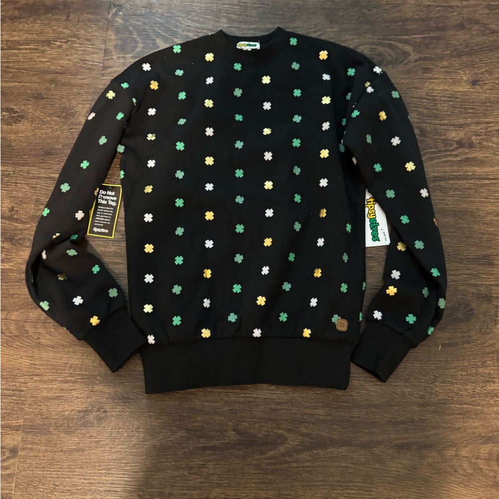 Tipsy Elves Women XS Sweatshirt Long Sleeves Black Metallic Shamrocks Irish NWT